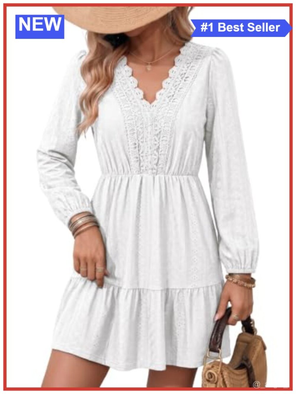 Womens Long Sleeve Lace Embroidered V Neck A-Line Mini Dress